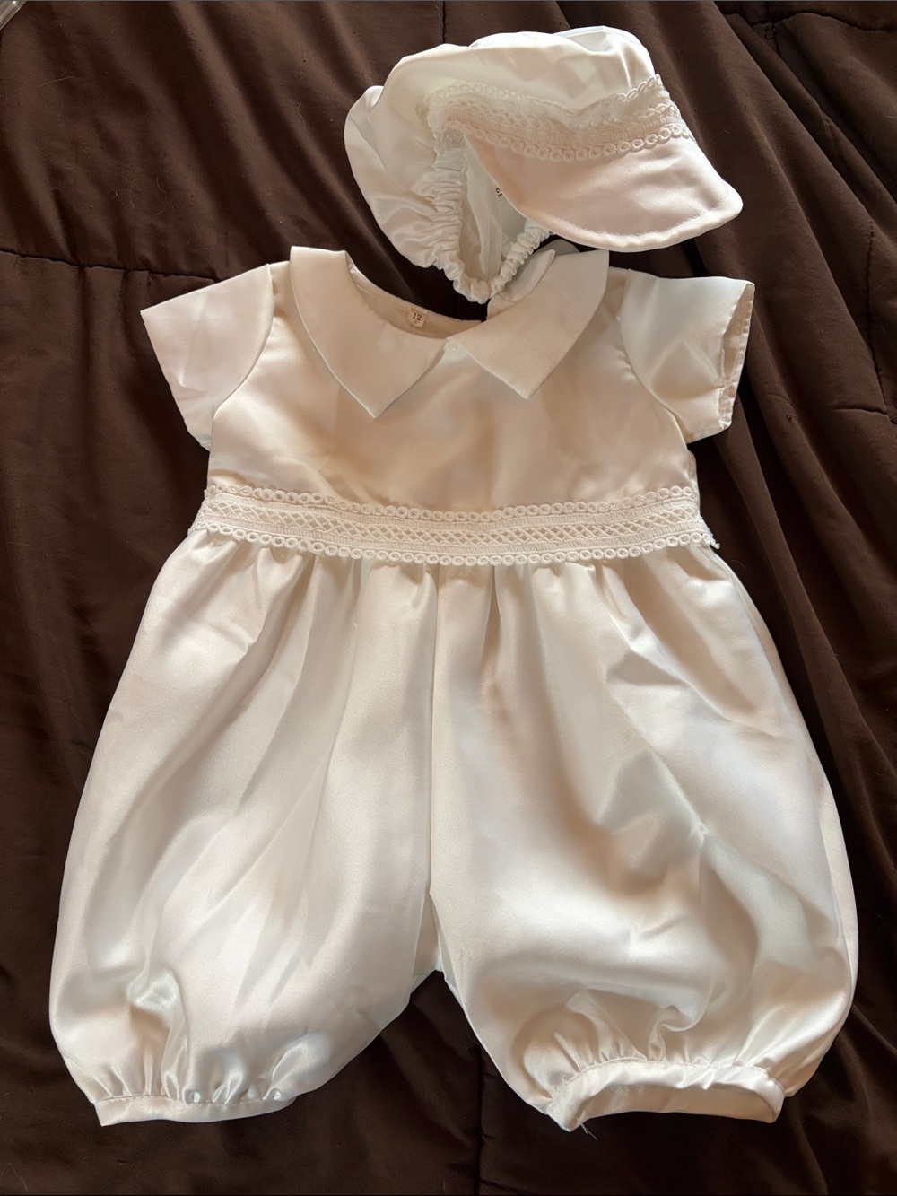 Baby' White Baptism Romper with Matching Bonnet size 12 months